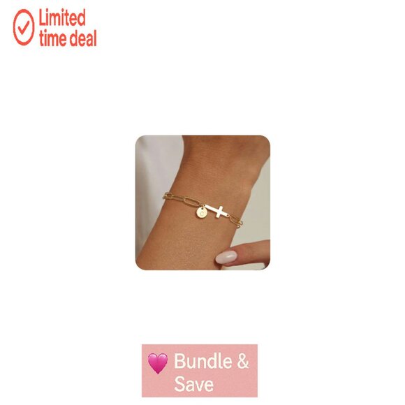 14K Gold-Plated Dainty Initial Cross Bracelet, Adjustable Paperclip Chain - Picture 1 of 8